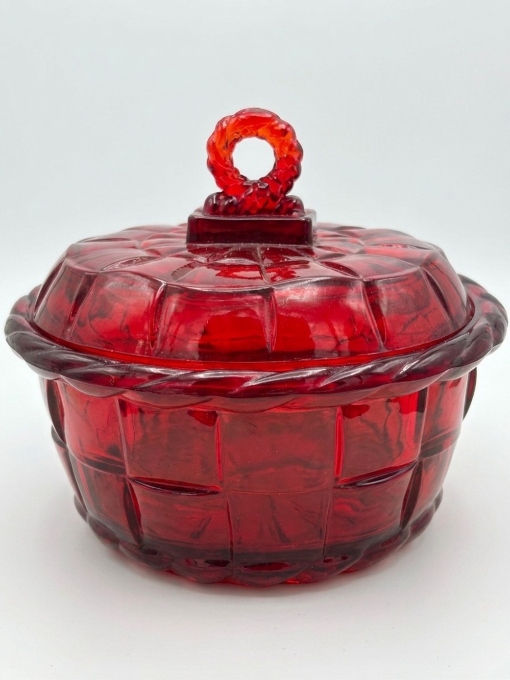 Vintage Viking Glass Country Craft Ruby Red Covered Candy Dish Mid Century